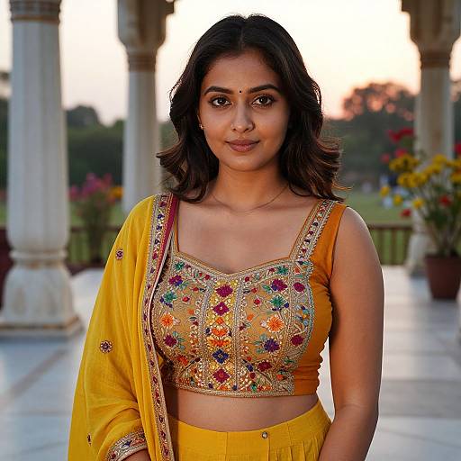 Photograph of a young South Asian woman with medium skin tone and long dark hair, wearing a yellow embroidered crop top and matching saree, standing outdoors