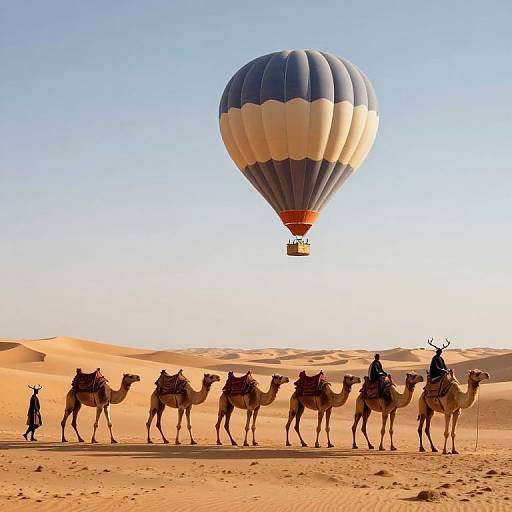 Photograph of a striped hot air balloon over a desert, with a caravan of camels led by a rider in traditional attire.