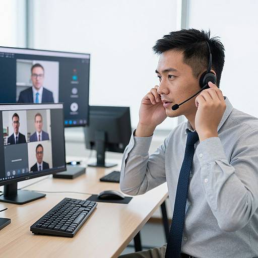 Photograph of an Asian male office worker in a white shirt and black tie, wearing a headset, focused on computer screens displaying multiple men's profiles.