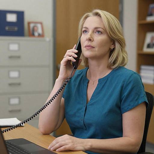 Woman Talking on Corded Phone in Office