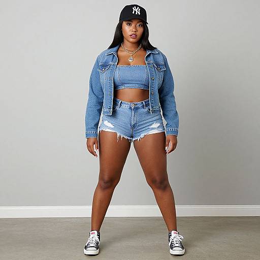 Photograph of a confident Black woman with dark skin, wearing a black NY cap, denim crop top, jacket, high-waisted shorts, and