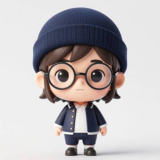 Chibi-style CGI character with large round glasses, dark blue beanie, navy blazer, white shirt, black pants, and black shoes.
