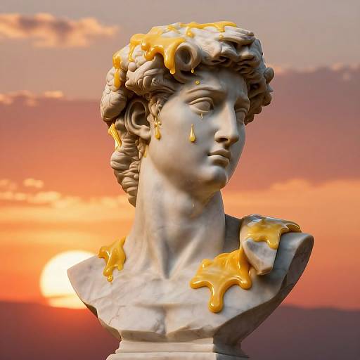 Photograph of a marble bust of a classical, curly-haired male figure with dripping honey, set against a vibrant sunset sky.