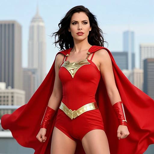 CGI image of a strong, dark-haired woman in a red Wonder Woman outfit with gold accents, standing confidently against a cityscape background.