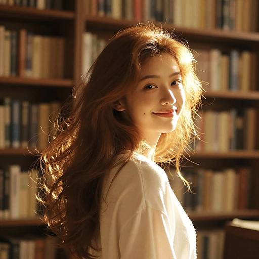 Photograph of a smiling young woman with long, wavy brown hair, illuminated by sunlight, standing in front of a filled bookshelf.