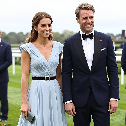 Photograph of a smiling couple: a woman in a light blue, V-neck, pleated dress with a black belt, and a man in a