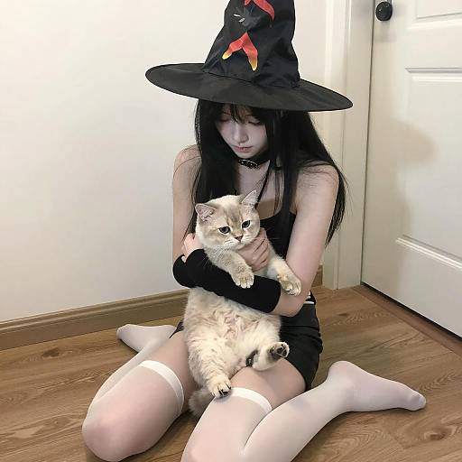 Gothic Woman with Cat and Witch Hat