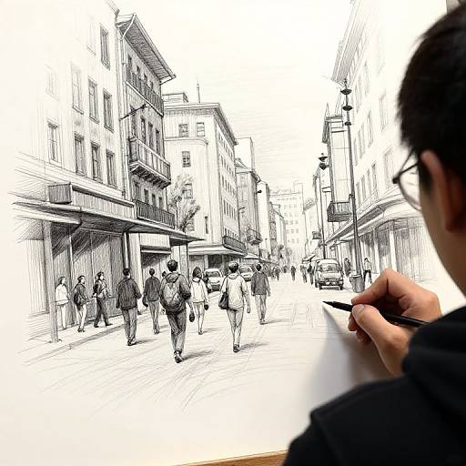Monochrome sketch of bustling street scene with pedestrians, buildings, and a person in glasses drawing on the right.
