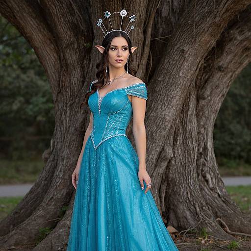 Photorealistic image of a young woman with elf ears, wearing a sparkling blue off-shoulder fairy princess gown and star tiara, standing in