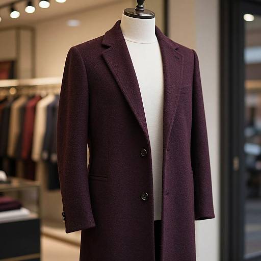 Photograph of a dark purple, long woolen coat on a mannequin in a brightly lit clothing store, with blurred background and clothing racks.