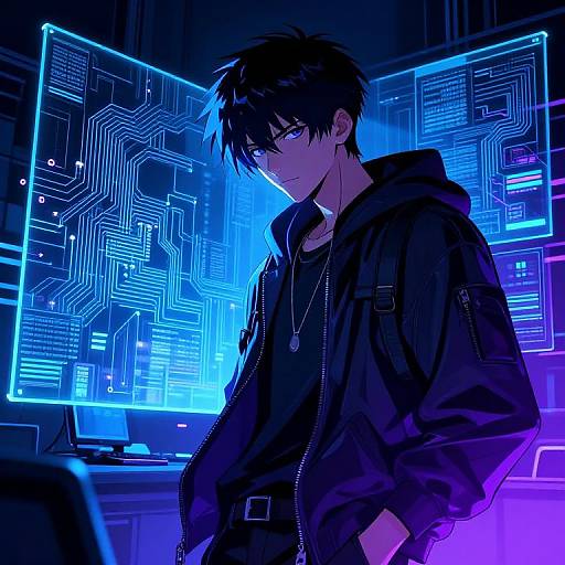 Anime-style digital art of a black-haired, blue-eyed young man in a hooded jacket, standing in a neon-lit, circuitry-filled room