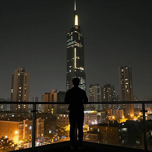 Silhouette Overlooking Illuminated Cityscape