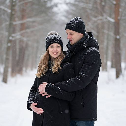 Photograph of a smiling couple embracing in a snowy forest, both wearing black winter hats and coats, with snowflakes falling.