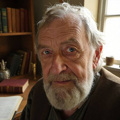 Close-up photograph of an elderly man with white hair and beard, wearing a brown robe, sitting in a sunlit library with books and a window in