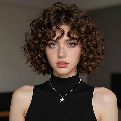 Portrait of Woman with Curly Layered Bob Hairstyle