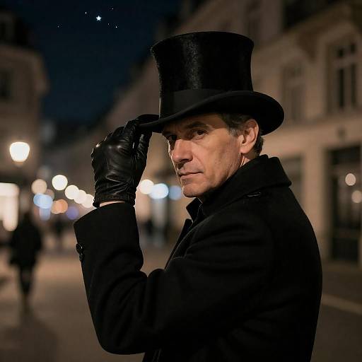 Man in Black Top Hat at Night