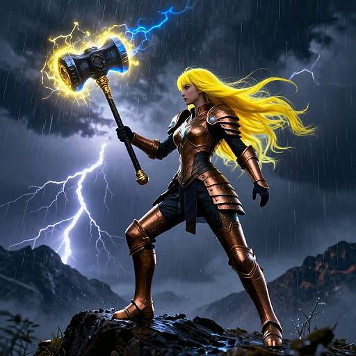 Digital artwork: Blonde warrior in golden armor, wielding a lightning-enchanted hammer, standing on a rocky outcrop during a stormy night. Lightning