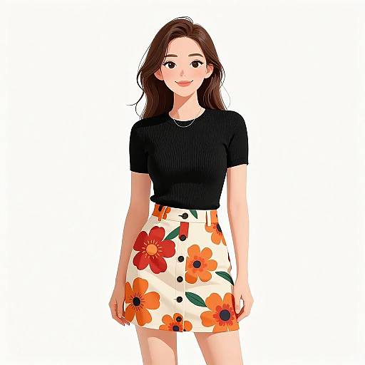 Digital illustration of a smiling young woman with long brown hair, wearing a black short-sleeve top and white floral skirt with orange and red flowers,
