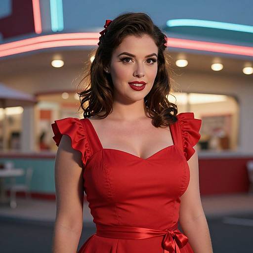 Photograph of a fair-skinned woman with dark, wavy hair in a red, ruffled dress, standing in front of a neon-lit