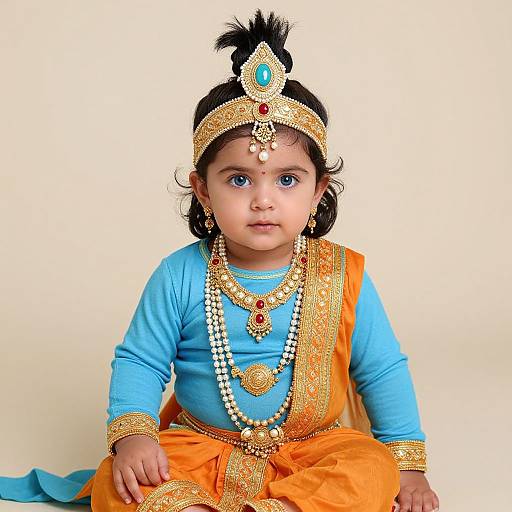Photograph of an Indian baby with blue eyes, wearing an orange saree, gold headpiece, jewelry, and turquoise bindi, against a plain