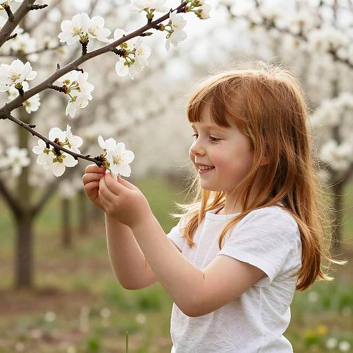 Photograph of a smiling young girl with light brown hair, wearing a white shirt, gently touching white cherry blossoms in a sunlit orchard.
