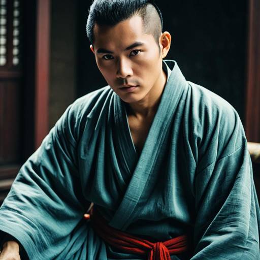 Asian man in traditional robe with serious expression
