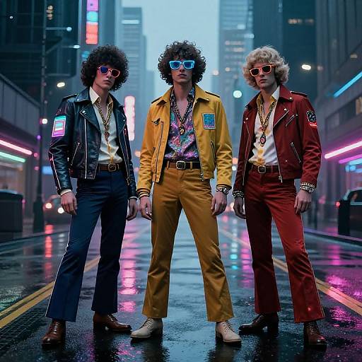 Photograph-style digital art: Three men with 70s-style afros, blue sunglasses, and colorful jackets stand on a neon-lit, rainy