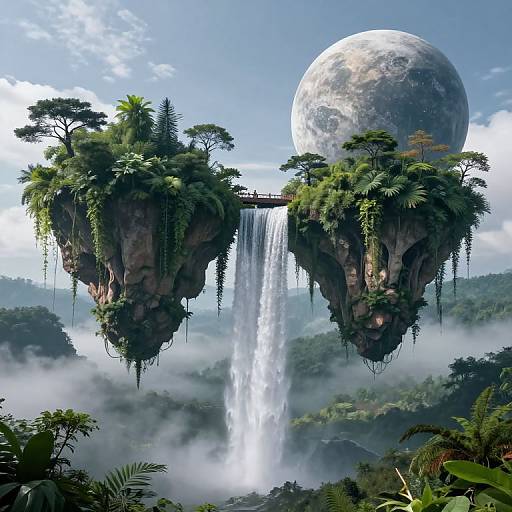 Fantasy CGI image: Two lush, tree-covered floating islands with a waterfall between them, beneath a giant, cratered moon in a misty,