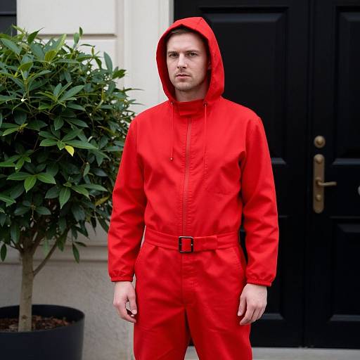 Man in Red Jumpsuit by Building