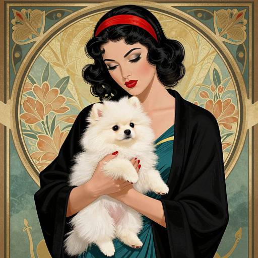 Art Deco Woman with Pomeranian Puppy