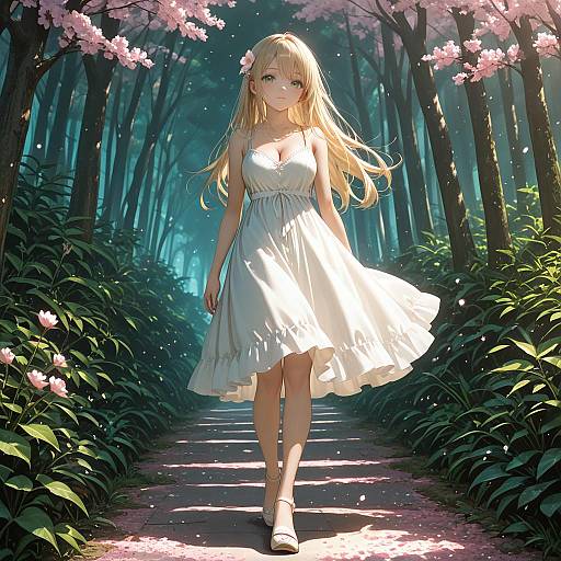 Blonde Girl in Cherry Blossom Garden
