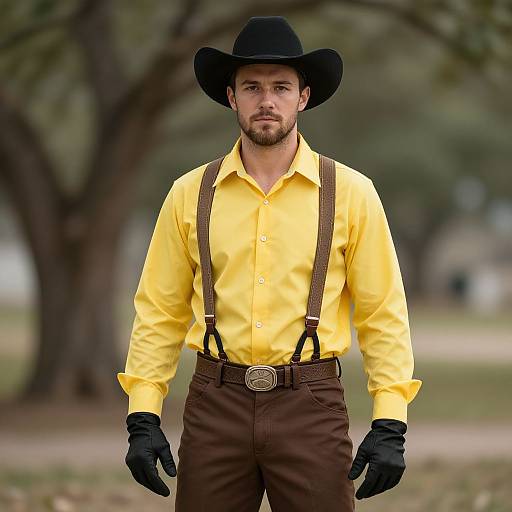 Photograph of a bearded man in a yellow shirt, brown suspenders, black gloves, and black hat, standing outdoors with blurred trees.