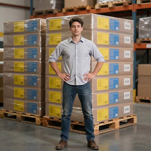 Young Man Standing in Warehouse Aisle
