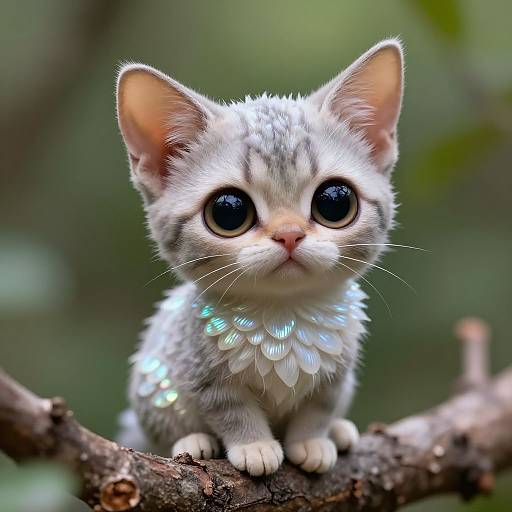 Photograph of a cute, wide-eyed, grey tabby kitten with large black eyes and shimmering silver feathers on its chest, perched on a
