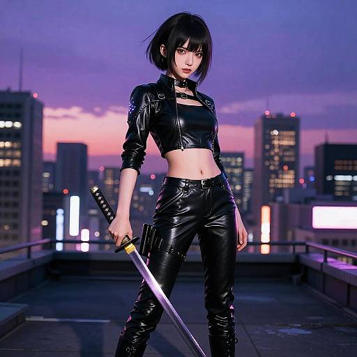 Anime Cool Girl with Katana at Sunset