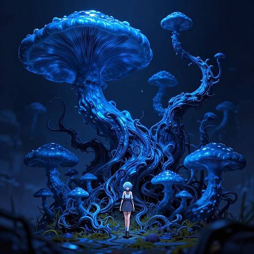 Cyberpunk Anime with Magical Blue Fungi