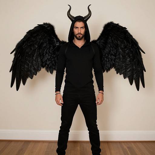 Photograph of a bearded man with black wings and horned hood, standing in front of a white wall on wooden floor.