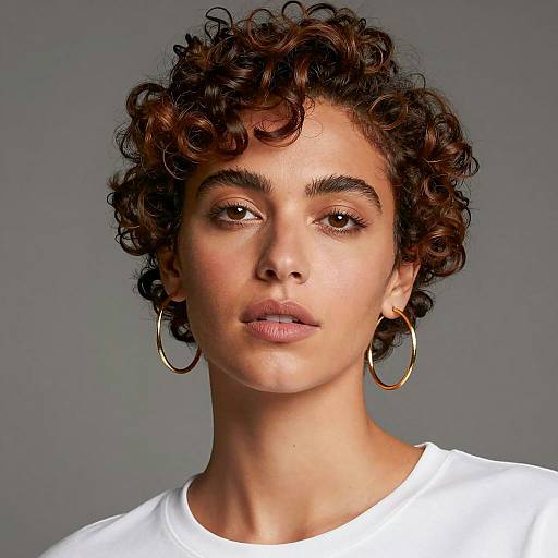 Portrait of Woman with Curly Hair and Gold Hoop Earrings