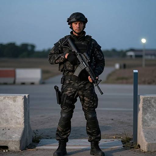 Photograph of a serious male soldier in full black tactical gear, helmet, and holding a rifle, standing in an outdoor, twilight setting.