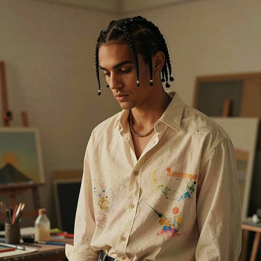 Young Black man with dreadlocks, wearing a paint-splattered white shirt, stands in an art studio, looking down thoughtfully. Photograph.