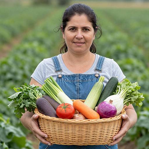 Photograph of a smiling middle-aged woman with dark hair in denim overalls, holding a wicker basket of fresh vegetables in a lush, green field