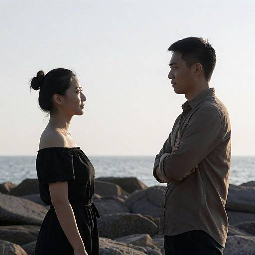 Couple Facing Each Other by Rocky Shoreline