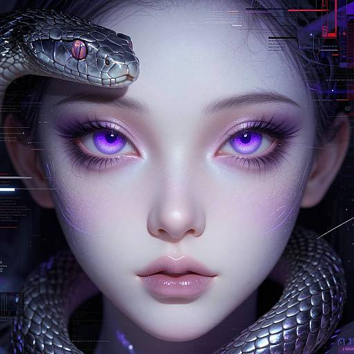 Digital art: Close-up of a pale-skinned, blue-eyed girl with a snake's head resting on her forehead, surrounded by dark, tech-like