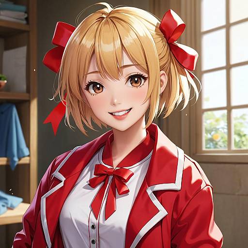Anime-style digital drawing of a smiling blonde girl with red bows, red and white jacket, and red bowtie, in a sunlit room.