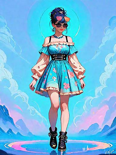 Stylish Woman in Blue Floral Bohemian Dress