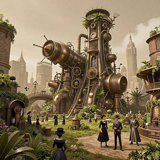 Whimsical Steampunk Cityscape in Sepia