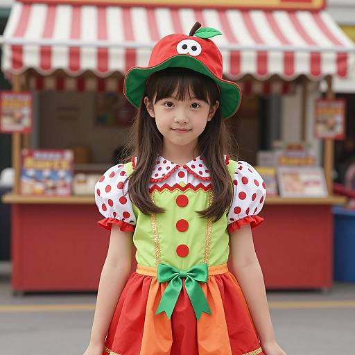 Girl in Colorful Apple-Themed Circus Outfit