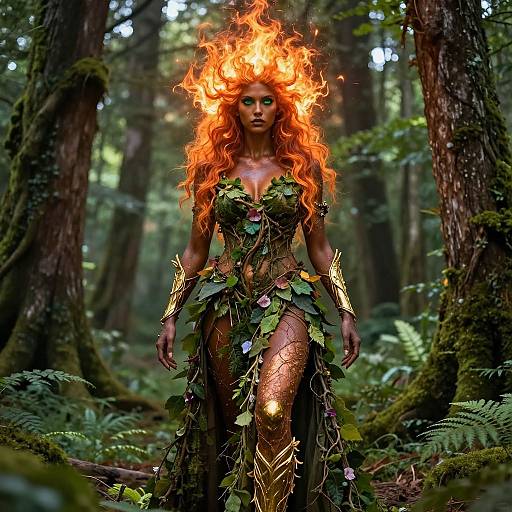Digital fantasy artwork of a fiery-haired, green-leafed, forest nymph standing in a dense, mossy forest, with glowing eyes and intricate leaf