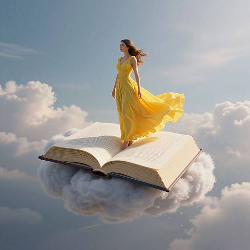 Photograph of a woman in a flowing yellow dress standing on an open book floating on a cloud against a bright blue sky.