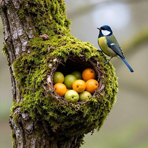 Photograph of a blue-and-yellow tit bird perched on a moss-covered birdhouse containing green and orange fruits, attached to a tree trunk.